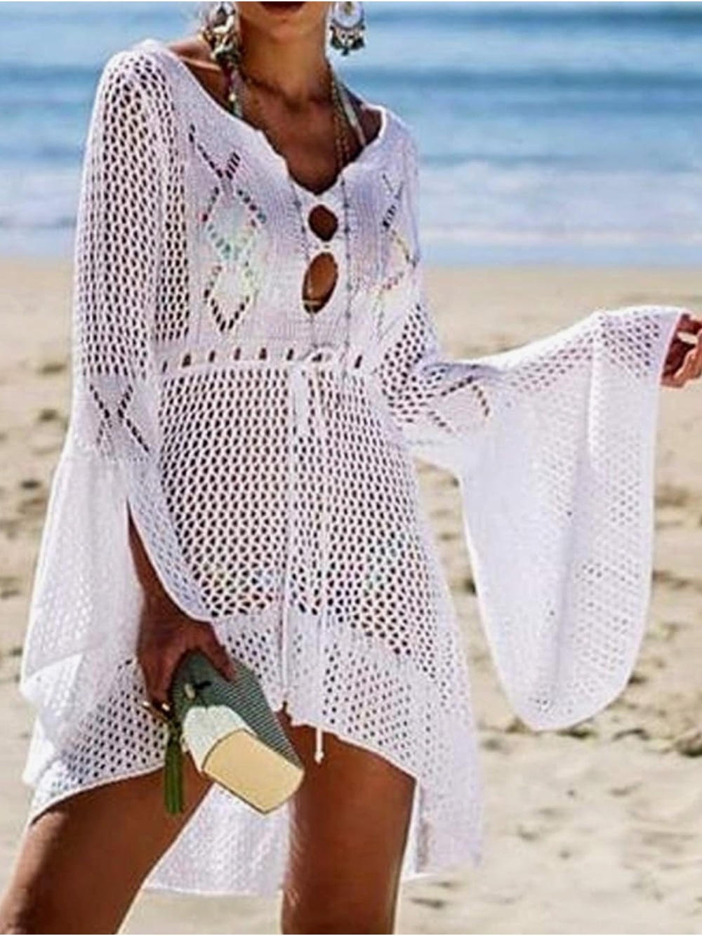 White Crochet Beach Cover-Up Kaftan with Tie Waist